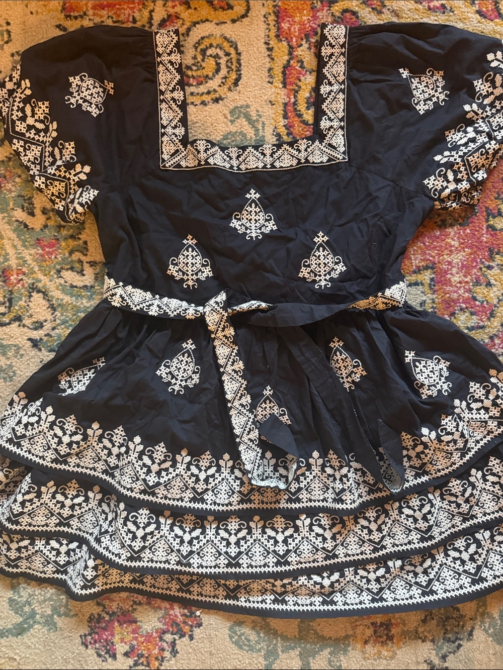 Navy Boden Embroidered Tiered Puff-Sleeve Dress - Picture 3 of 10